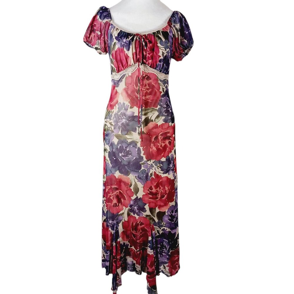 SO, Floral Babydoll Midi Dress, Retro Style, Size Medium, Shoulder Puff Sleeves